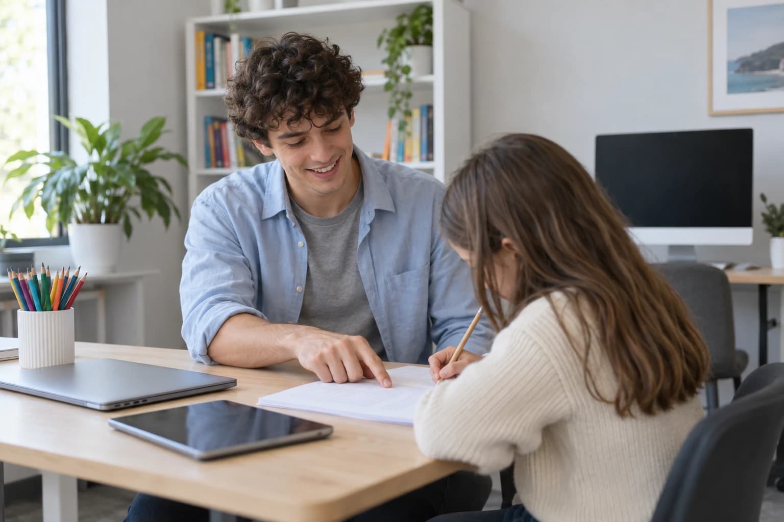 A tutor and a primary school student working one-on-one at a desk