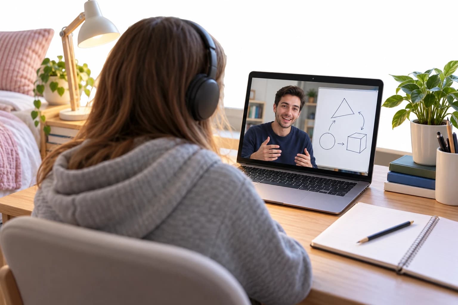 A student with headphones in an online lesson, the tutor on screen